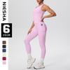 European & American Solid Color One-Shoulder Sports Vest & High-Waisted Pocket Yoga Pants Fitness Set for Women