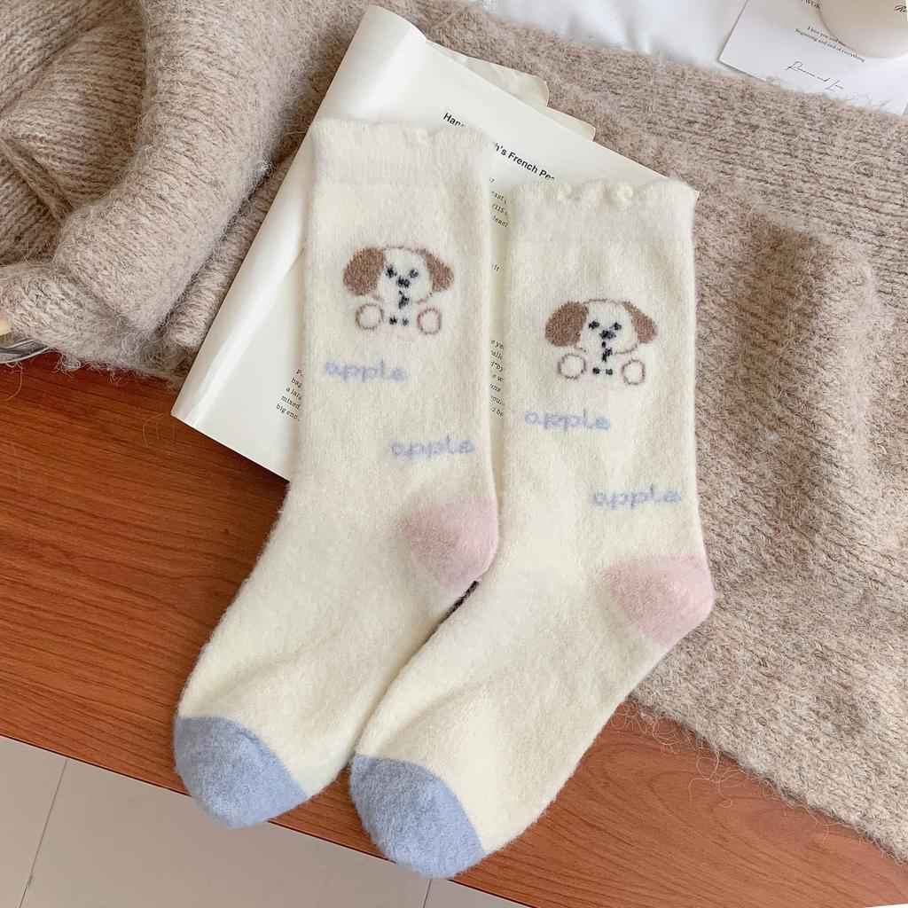 Rosa Welpen Plüsch Socken Wintersocken Plüsch Verdickt Warm Nahtlos Mittelrohr Zuhause Cartoon Schlaf Socken