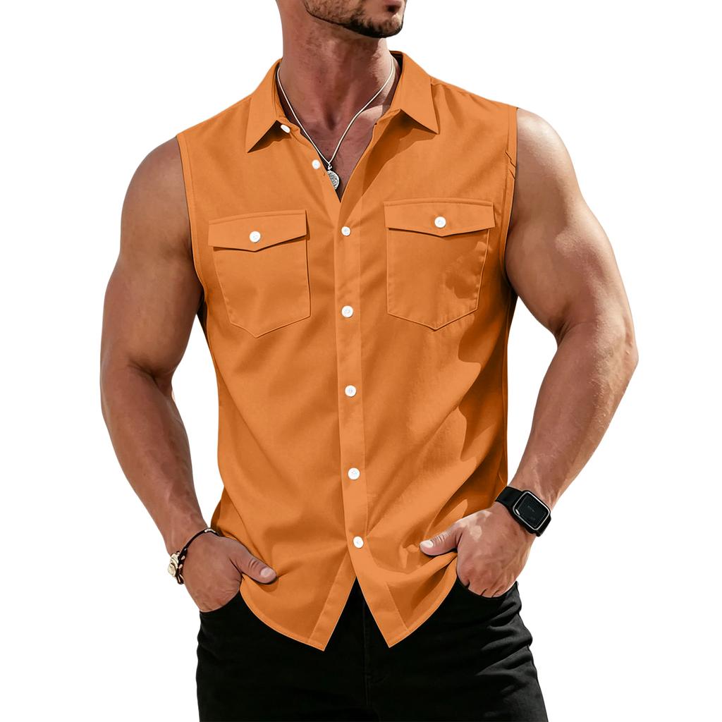 Men's Workwear Lapel Button-Down Vest Shirt - Lightweight Sleeveless Top