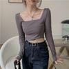 Camisetas negras cortas para mujer, camisetas ajustadas de manga larga, camisetas informales lisas con cuello cuadrado.