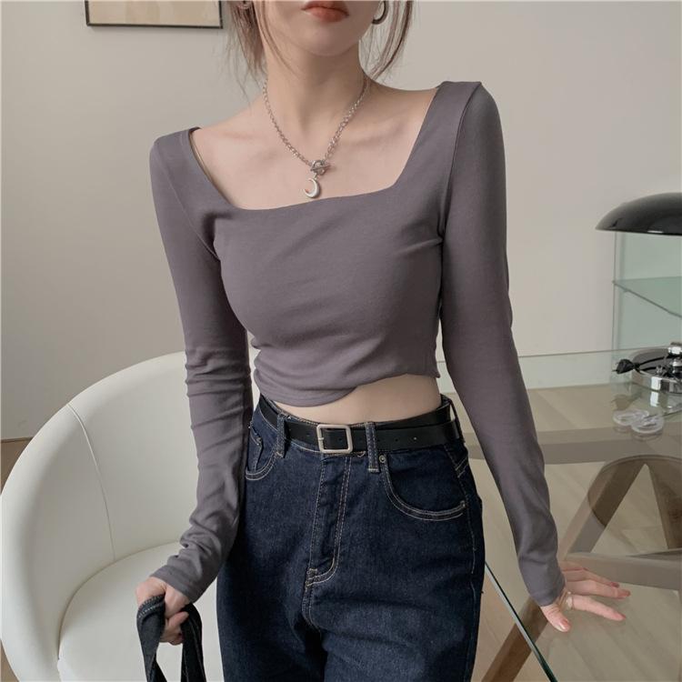 Camisetas negras cortas para mujer, camisetas ajustadas de manga larga, camisetas informales lisas con cuello cuadrado.