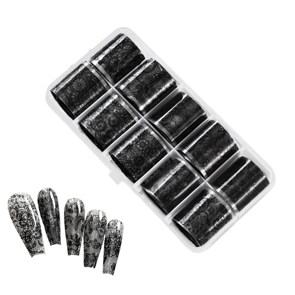 NEW Nail Lace Stickers Self-Adhesive DIY 10 Rolls Black And White Nail Foil Transfer Stickers For Home Salon Travel Women Girls