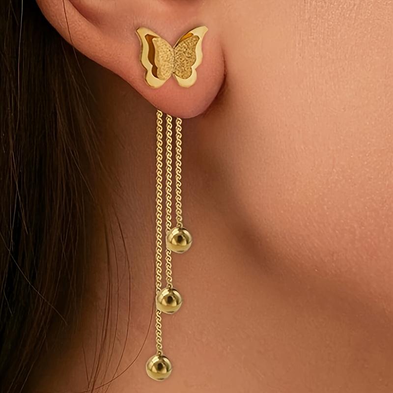 

1 пара серег-кисточек с бабочками, нержавеющая сталь, модный классический, винтажный и милый стиль, без эмали, для ношения в любое время года, идеально подходят для повседневной носки и отпуска золотистый