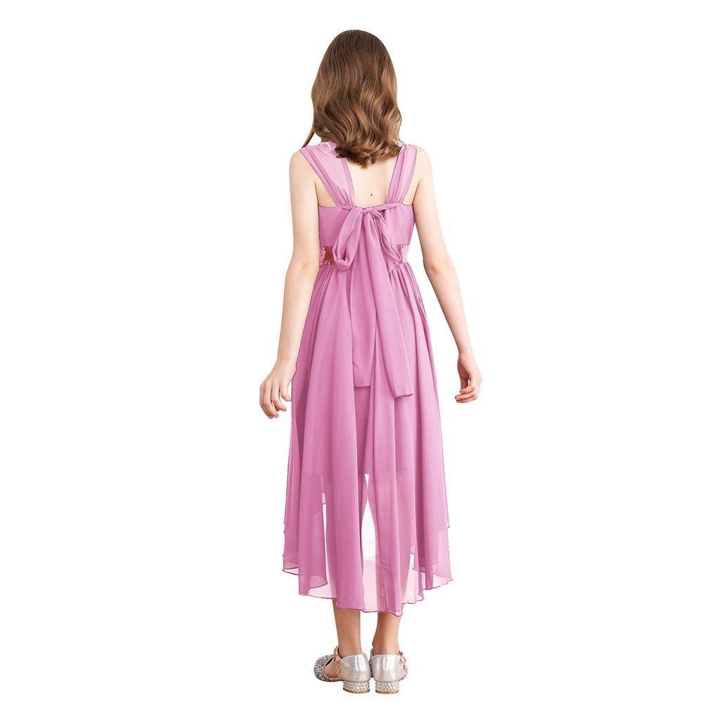 Girls Elegant Sequin Party Dress Ruched Design Sleeveless High Low Hem Chiffon Material Birthday Dress