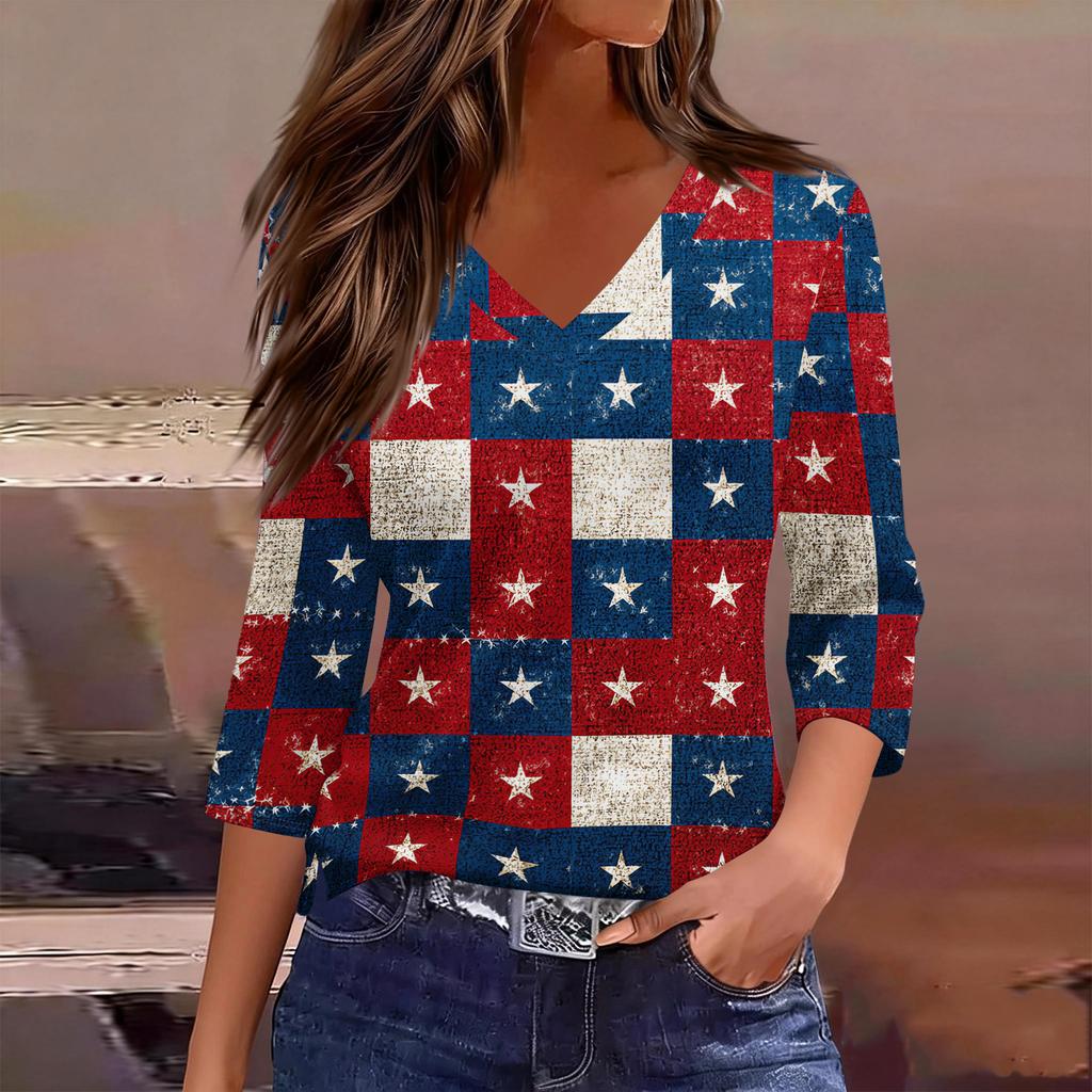 Women's Tops Three-quarter Sleeve Shirt V-neck Loose Casual Shirt Print T-shirt