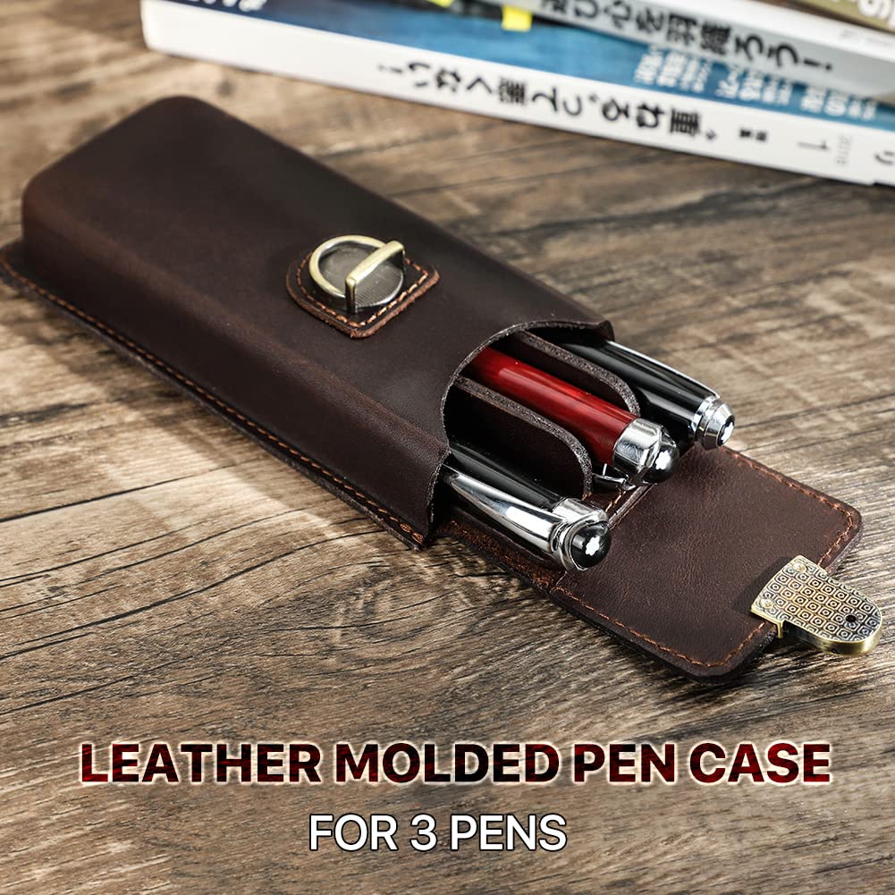 HIRAM Separate Design Pen Case for Fountain Simple Slim Holds 3 Genuine Leather Pens, Design, Pens, (Coffee)
