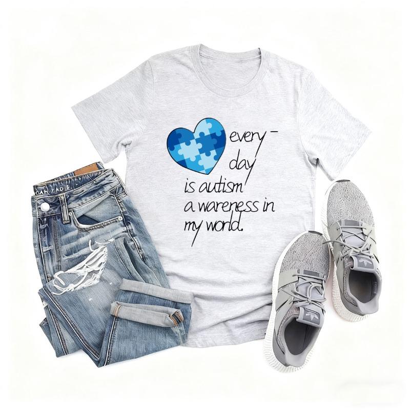Autism Awareness Heart Puzzle Graphic Cotton TShirt Supportive Unisex Crew Neck Outdoors High Quality Cotton Shortsleev Tees