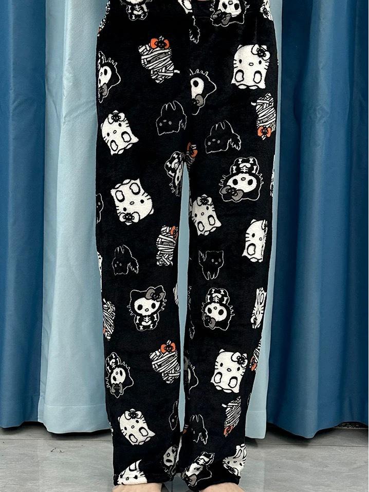

Фланелевые пижамные штаны с котиком на Хэллоуин для женщин - Теплый вельвет, повседневная одежда для осени и зимы M
