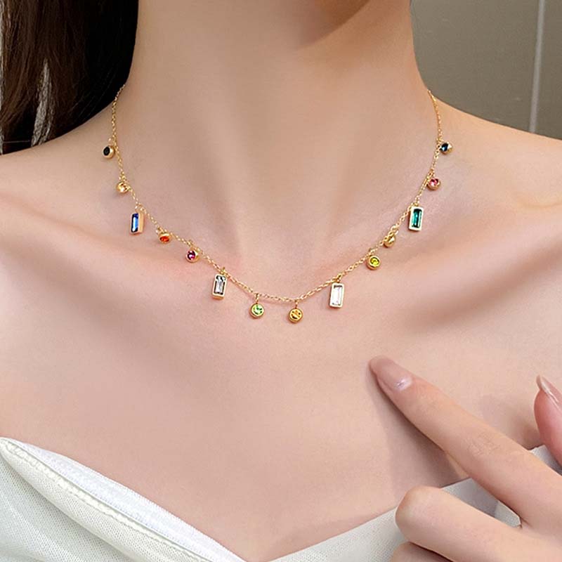 Stainless Steel Colorful Zircon Square Pendant Necklace For Women Fashion Crystal Geometric Neck Chain Zircon Gift