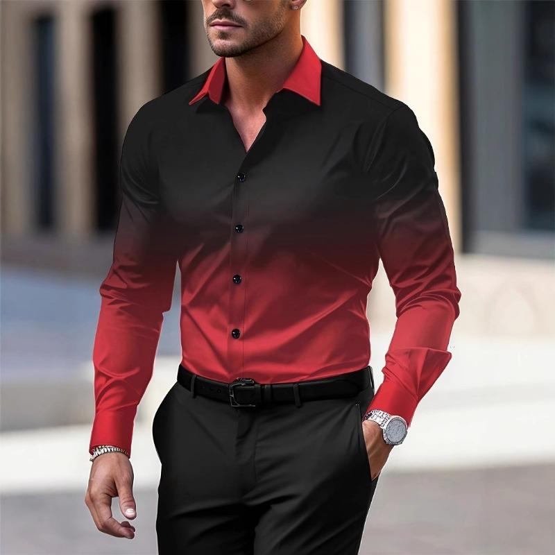 Men Gradient Color Lapel Long Sleeve Button Down Dress Shirt