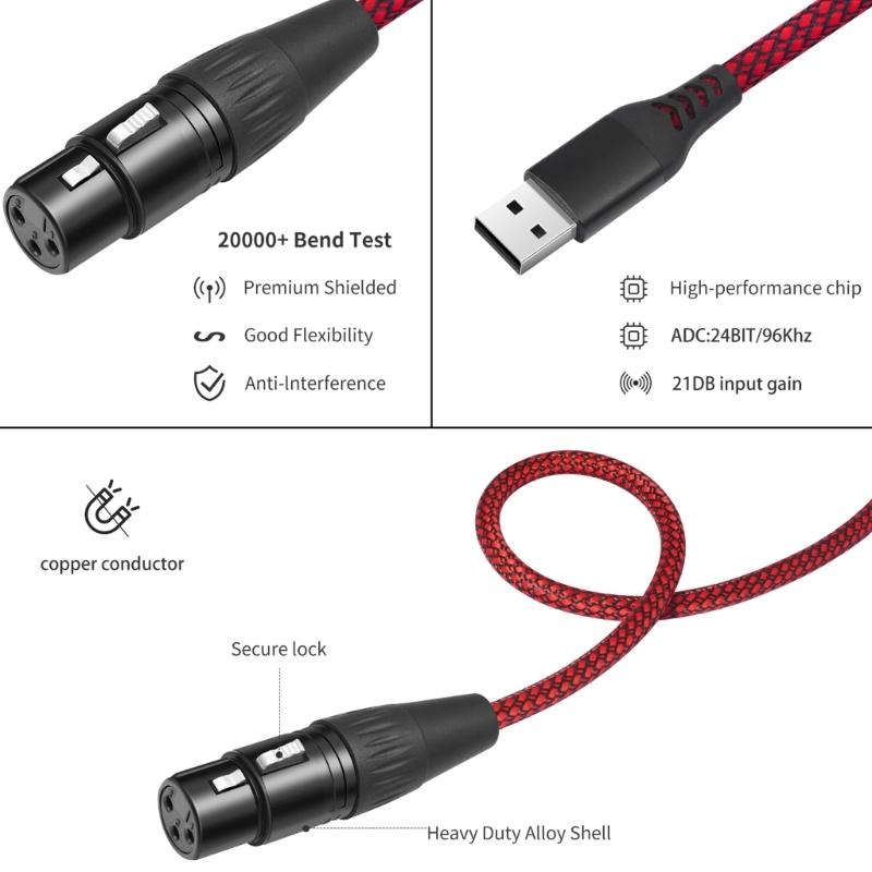 Professional USB A Male to 3Pin Female Connection Cable Portable Studio Recording Line for Dynamic Microphones