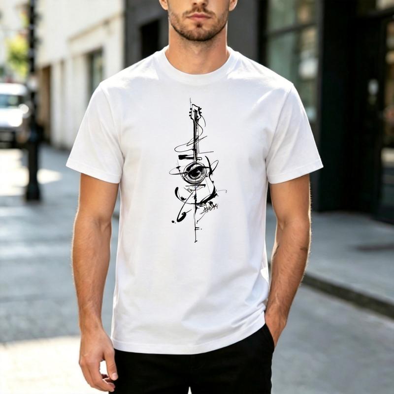 Minimalist Ink Brush Art Abstract Guitar Graphic Short Sleeve T Shirt Unisex Unisex Cotton Soft Daily Streetwear Casual Music Lover