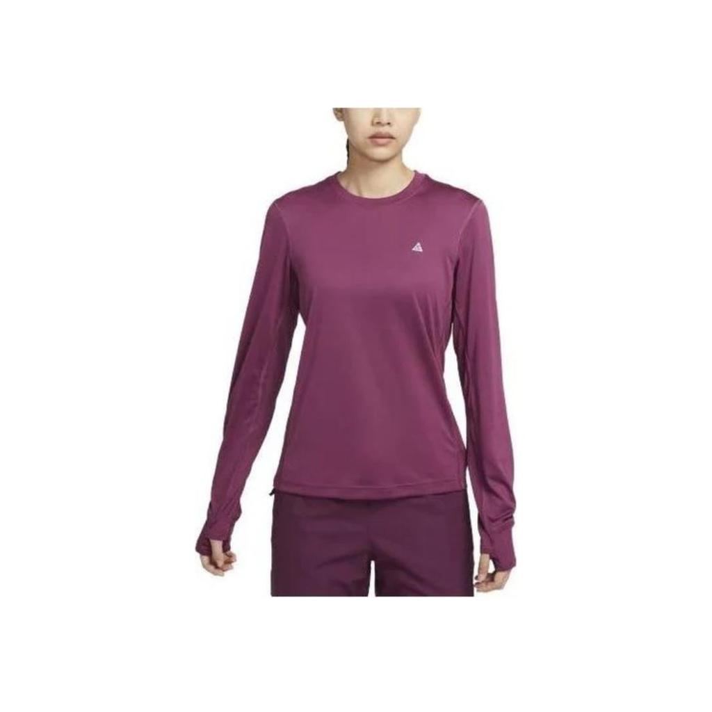 Nike Solid Color Logo Print Crew Neck Long Sleeve T-Shirt Women Tops Burgundy DQ5852-653