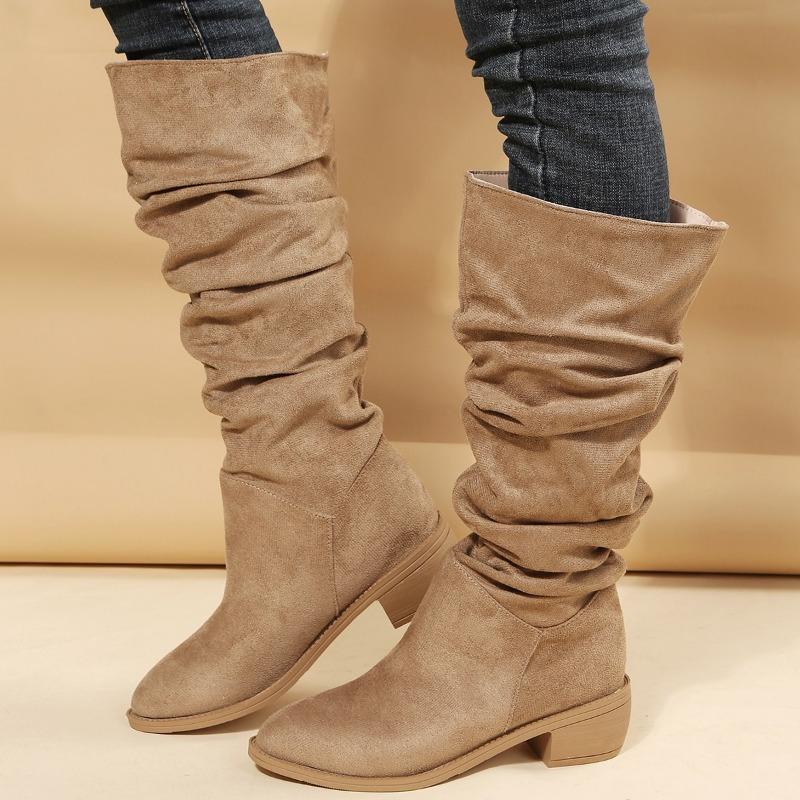 New Large Size Pleated Boots Women's Large Size Tall Martin Boots European and American Suede Thick Heel Pile