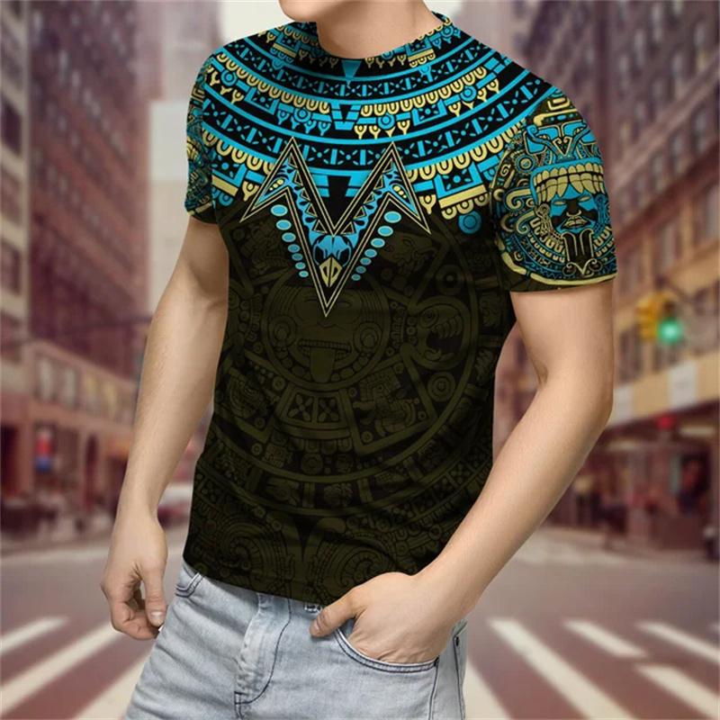 Summer Round Neck 3D Aztec Style Pattern Print Top Fashionable Casual Short Sleeved Men's T-shirts
