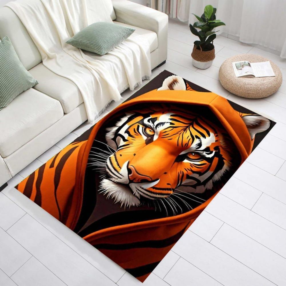 2D Cool Tiger Print Area Rug Wild Animal Pattern Carpet Non-Slip Washable Floor Mat for Living Room Bedroom Man Cave Home Decor