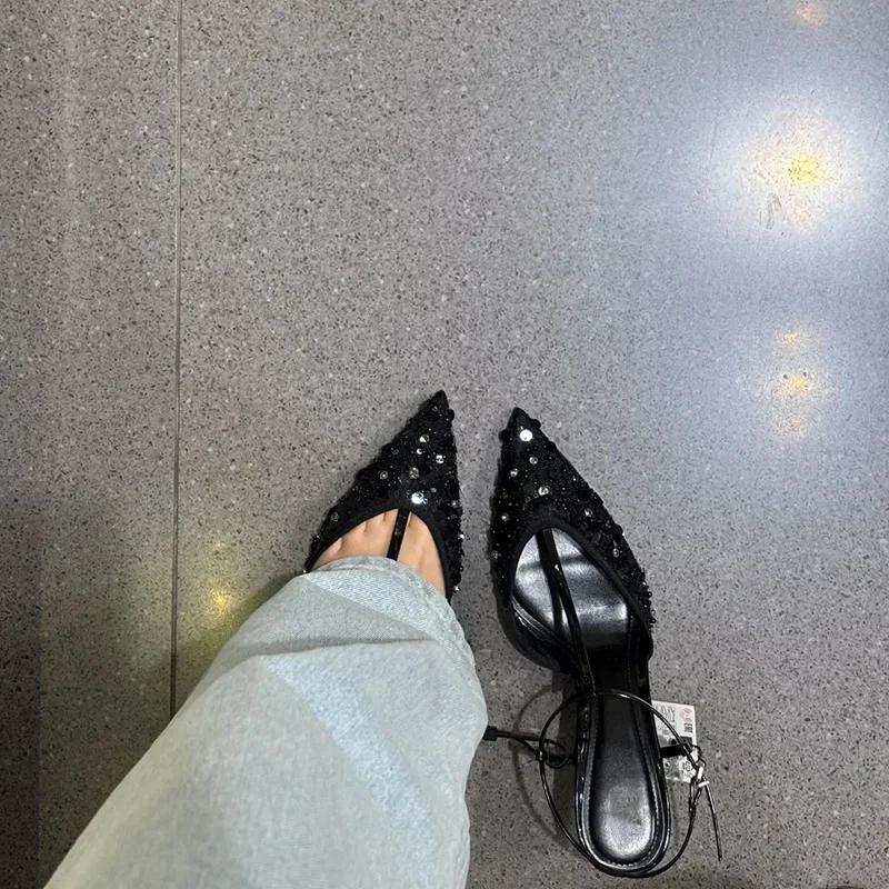 Fashion Sexy Pointed Toe String Bead Heels Party Shoes Summer Ankle Strap Heeled Sandals Women Elegant Bling Black Mesh Designer Pumps