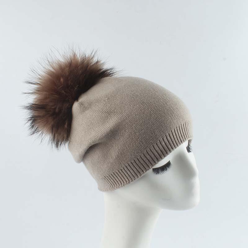 Adult New Raccoon Fur Ball Color Knitted Acrylic Common Fabric Warm Casual Pullover Beanie Hat Liner Unisex Cross-border