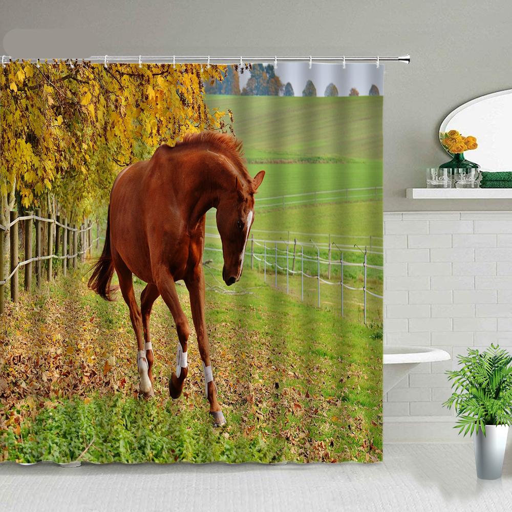 Farm Animal Horse Shower Curtain Wildlife Elephant Leopard Lion Tiger Pattern Shower Curtain Set Highland Cows Bathroom Curtains