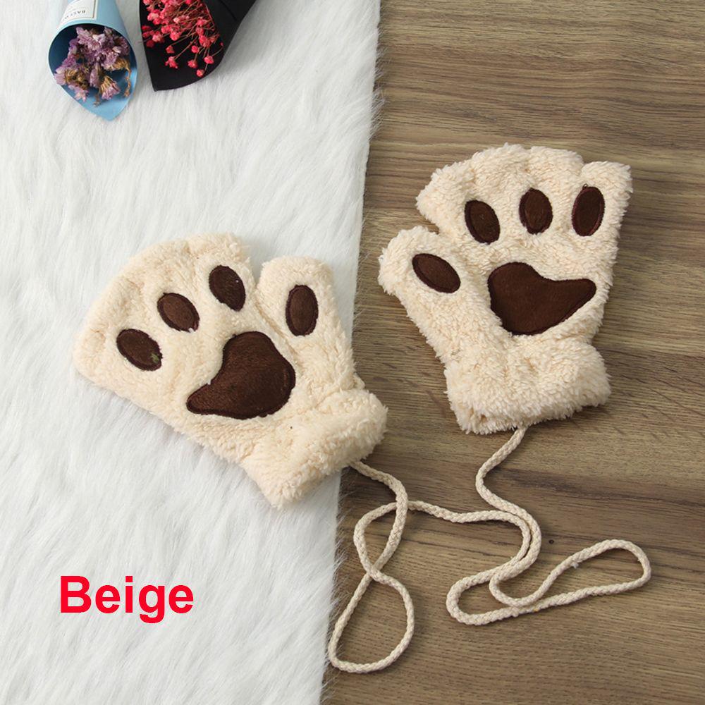14Colors Girl Winter Warm Fluffy Plush Gloves Fingerless Bear Cat Paw
