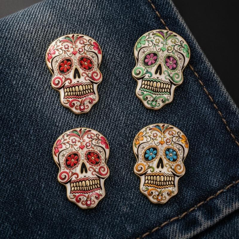 Colorful Flowers Sugar Skull Brooch With Vibrant Enamel Sparkly Rhinestone Accents For Day Of The Dead And Halloween Parties
