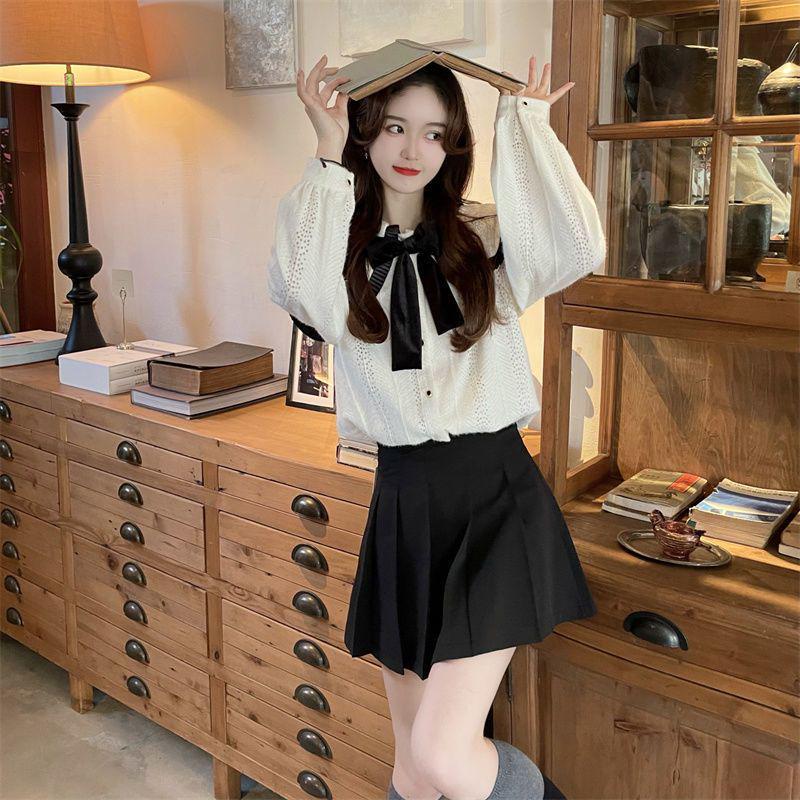 Women's Pleated Skirt & Doll Collar Knit Shirt Set - Spring/Autumn Korean College Style, Petite & Sweet
