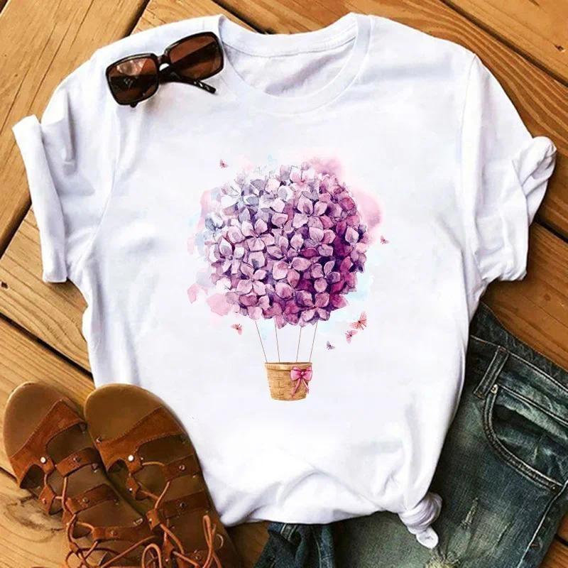 T-shirt Women Neck T-shirt Women T Shirt Love Flower Half Sleeve Cartoon White Letter Aesthetic Clothes