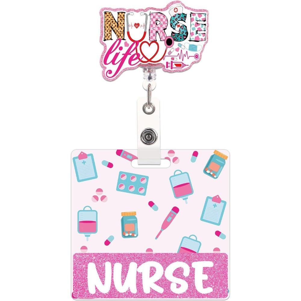 Pink Glitter Nurse Badge Reel 60 Rotating Name Cards Holders Retractable ID Holder  Resident Nurses
