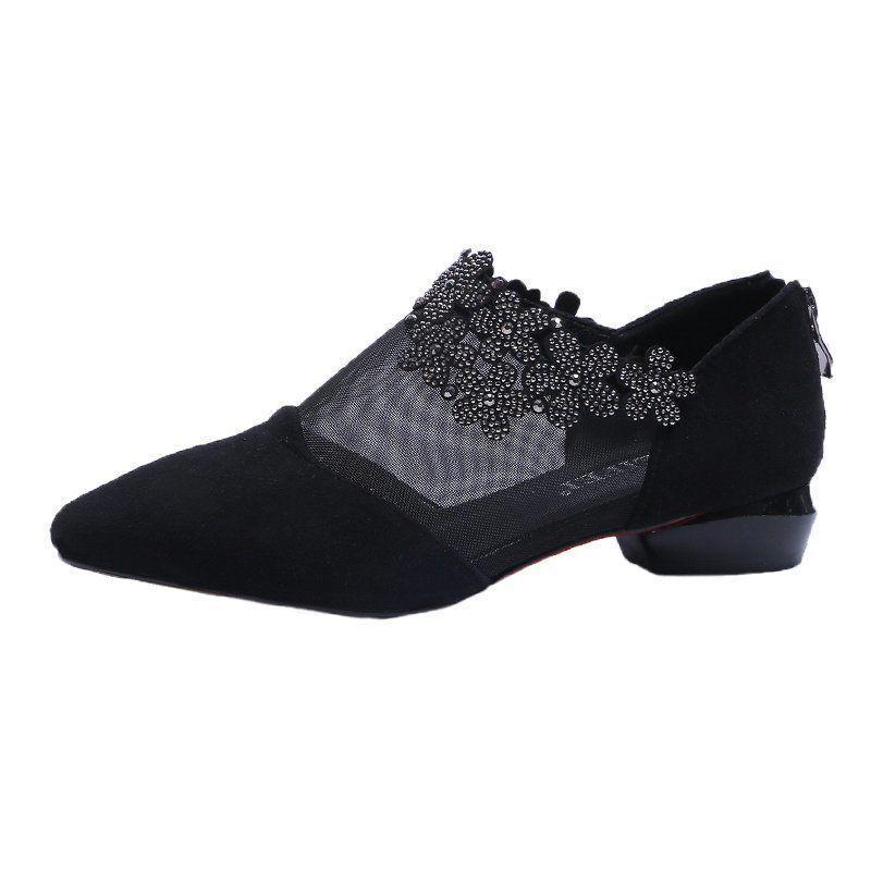 2022 Frühling Mode Klobiger Absatz Spitzzehen Strass Mesh Stiefel mit Floraler Applikation