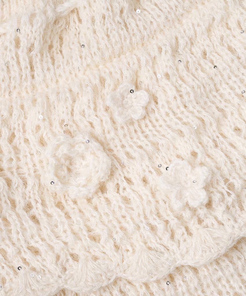 Seuwingses Pom-Pom Flower Tiered Knit Skirt (Cream)