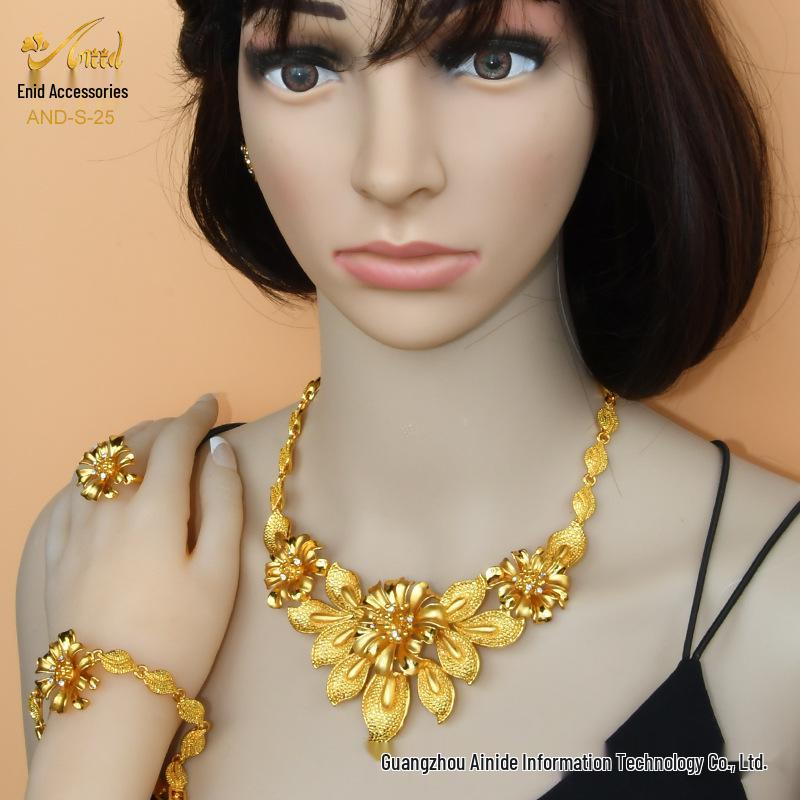 Dubai 24K Gold Bridal Jewelry Set: Necklace, Ring, Earrings, Bracelet