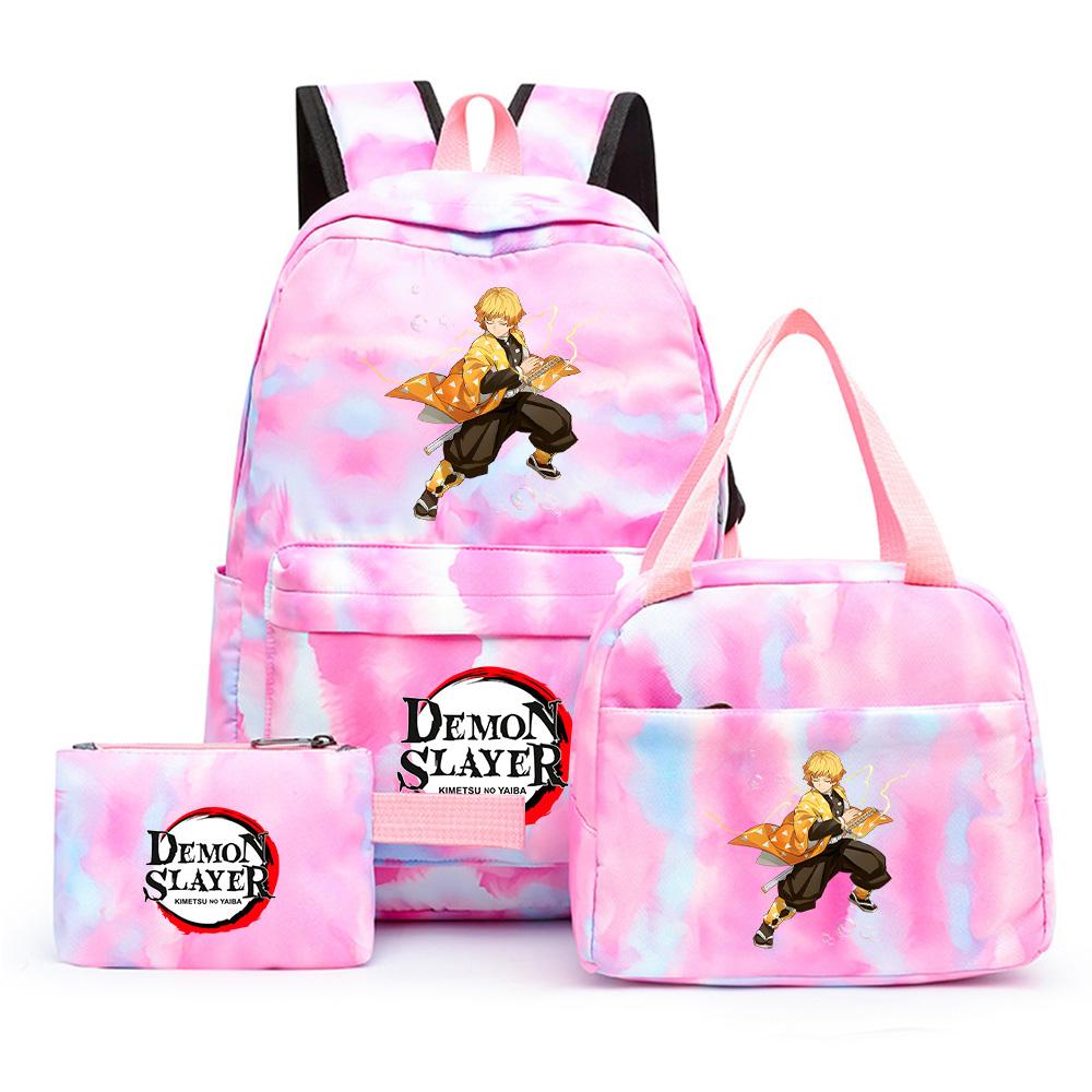 3 st/set Anime Demon Slayer Tryckt Ryggsäck med Matlåda Pennfodral för Tonåring Tillbaka till Skolan Stor Kapacitet Vattentät Skolväska Flickpojke Gåva