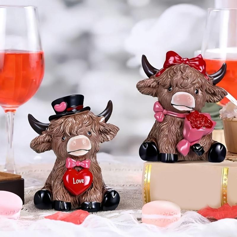 Highlands s Kuhfiguren Valentinstag Highlands Kuh Zwerge Herz Schottische Statue für Küche Etagen-Tablett Tischdekorationen