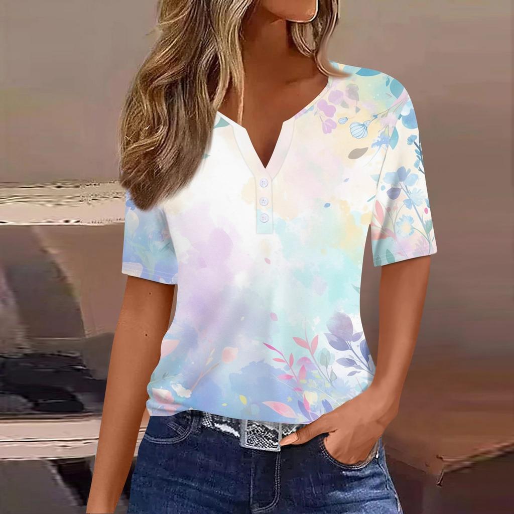Damen T-Shirt mit Aufdruck und Knopfleiste, kurzärmelig, für den Alltag, Wochenende, modisch, Basic, V-Ausschnitt, normales Oberteil