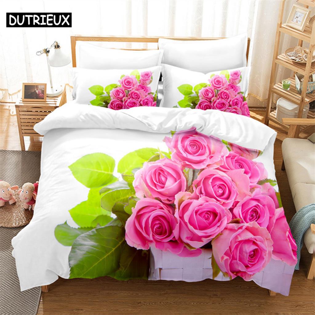 Pink Rose Queen Bedding Set Boys Girls Duvet Cover Bedroom Bed Set Comforter Cover Set King Size Duvet Cover Set Bedding Sets