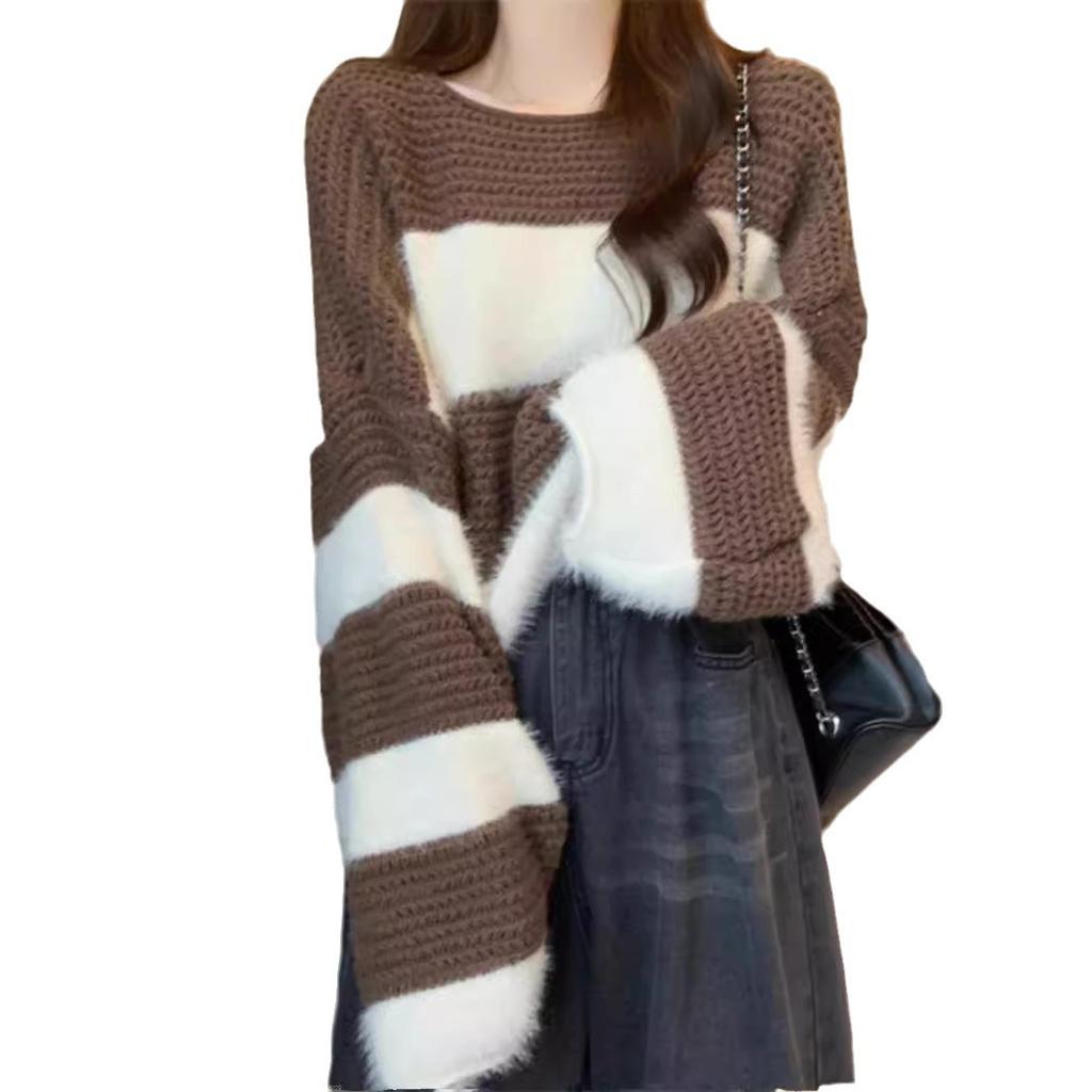 Striped Knit Sweater with Lantern Sleeves for Women Warm Sweater Fashionable Short Top