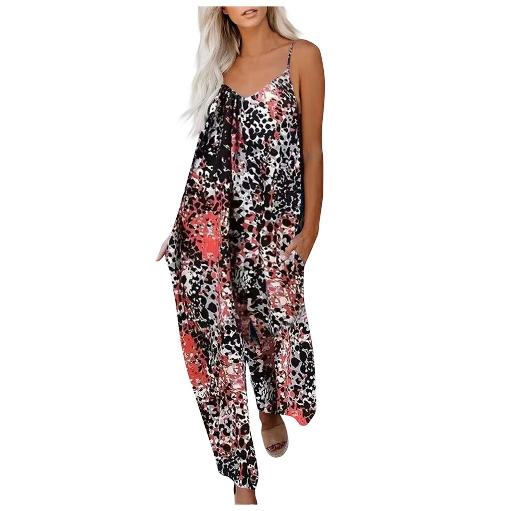 Women Sleeveless Spaghetti Strap Jumpsuit with Pockets Loose Fit Printed One Piece Casual Wide Leg Overalls