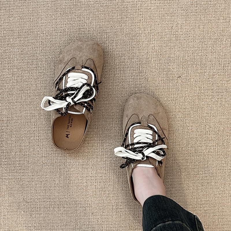 Retro Versatile Fashion Design Sense Niche Baotou Half Slippers Women's Autumn and Winter Lace-up Outer Wear Casual Thick-soled Slippers