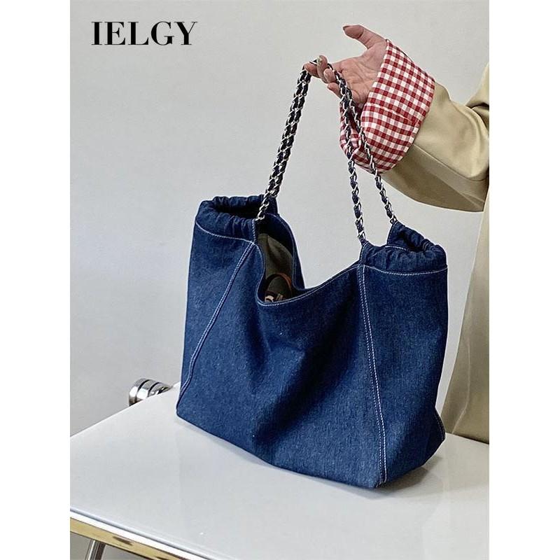 IELGY Female Bag Korean Style Large-Capacity Denim Chain Shoulder Tote Bag