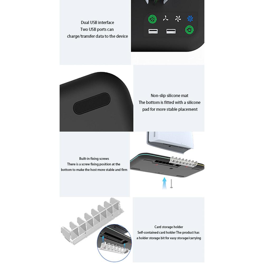 For PS5 Slim Console Cooling Stand Controller Charging Stand with Headset Hook W/ RGB Lights Game Slot for PS5 Slim Disc&Digital