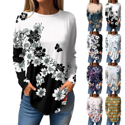 Women's Loose Round Neck Leaf Print Long Sleeve T-Shirt Top Pullover