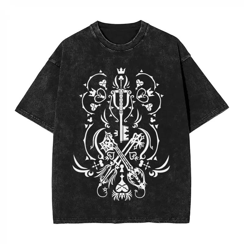 Kingdom Heart Retro Washed T-Shirt Street Style Flower Key Pattern Loose Style Men And Women Same Style Hip Hop Pure Cotton Tops S разноцветный