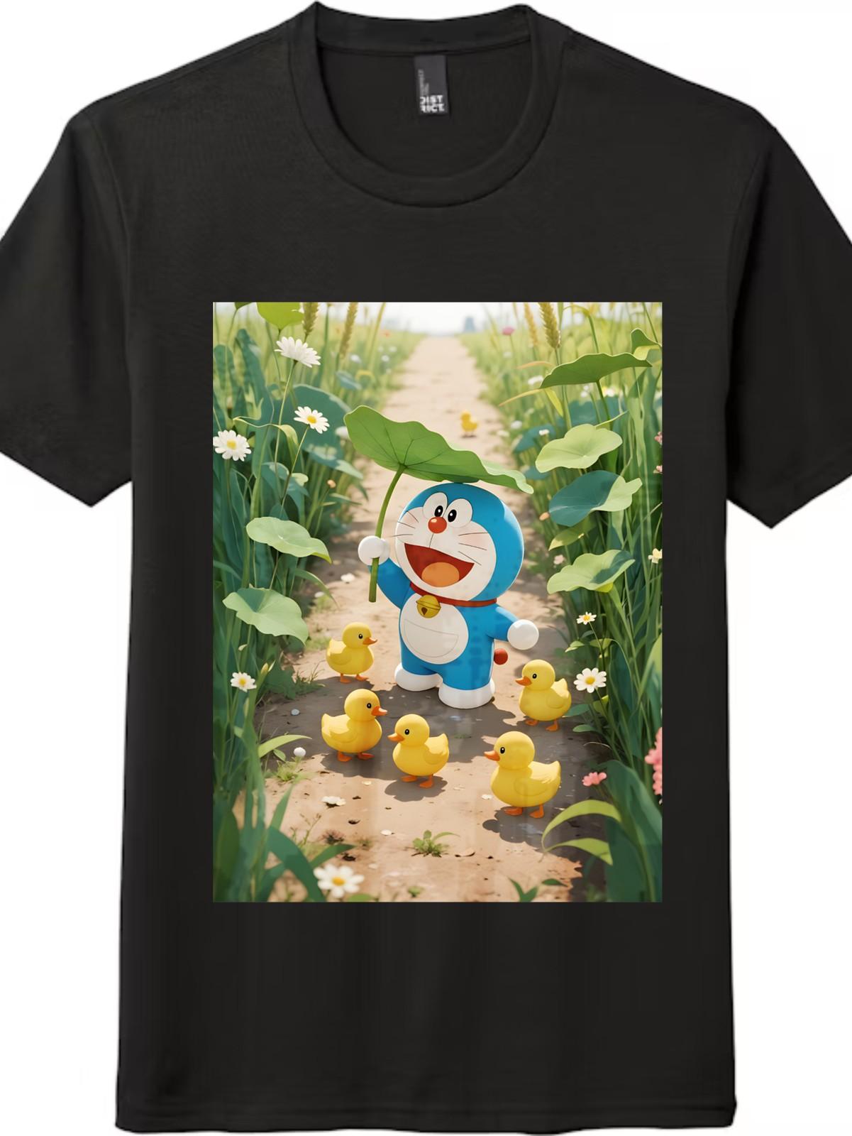 Doraemon and Ducklings Countryside Printed T-Shirt Mens Womens Tees Top, Unisex Short-Sleeve Top 2XL