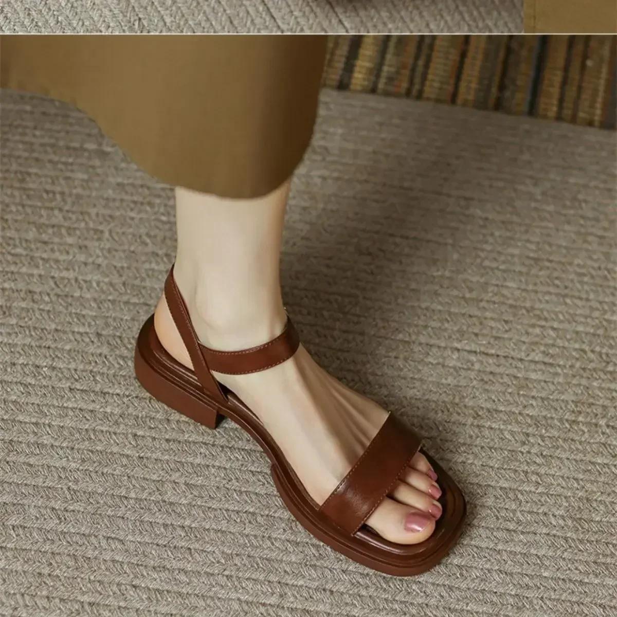 

Fashion Summer Flat Sandals Women Ankle-Wrap Open Toe Square Low Heel Shoes Slingback Anti-slip Soft Sole Sandals Sandalias De Mujer 42