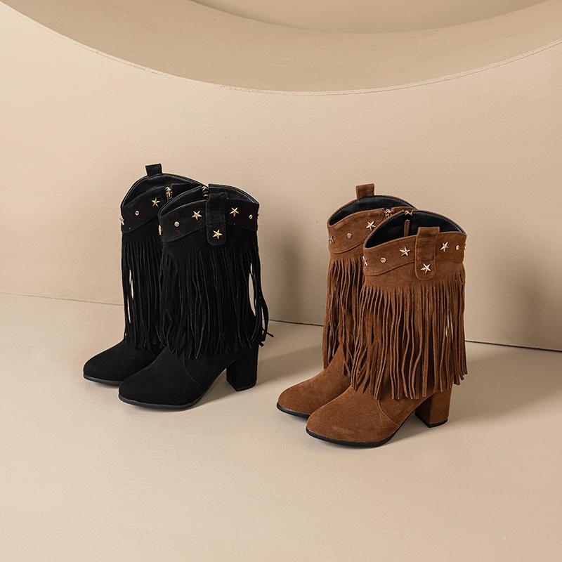 Women's high-heeled short boots autumn and winter new thick-heeled large-size fringed short boots