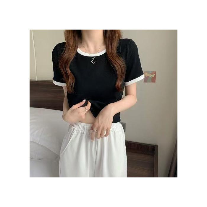 

Contrasting color round neck short-sleeved t-shirt women s new summer bottoming shirt Korean version slim-fit short top tide S чёрный