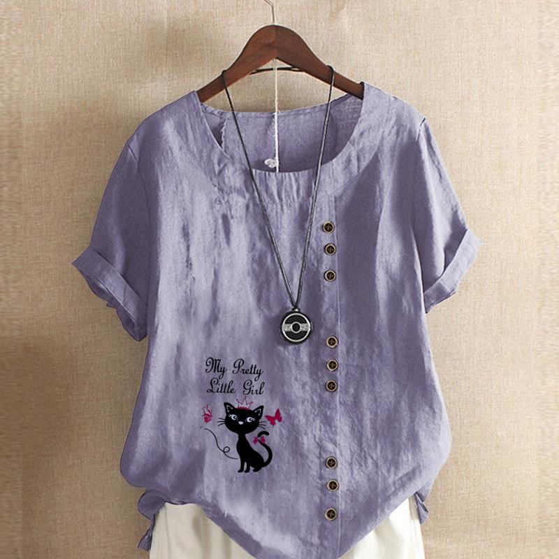 Dame Mote Svart Katt Trykket Kort Ermet T-skjorte Løs Bomullsskjorte Casual Løs Sommerbluse Topper Pluss Størrelse