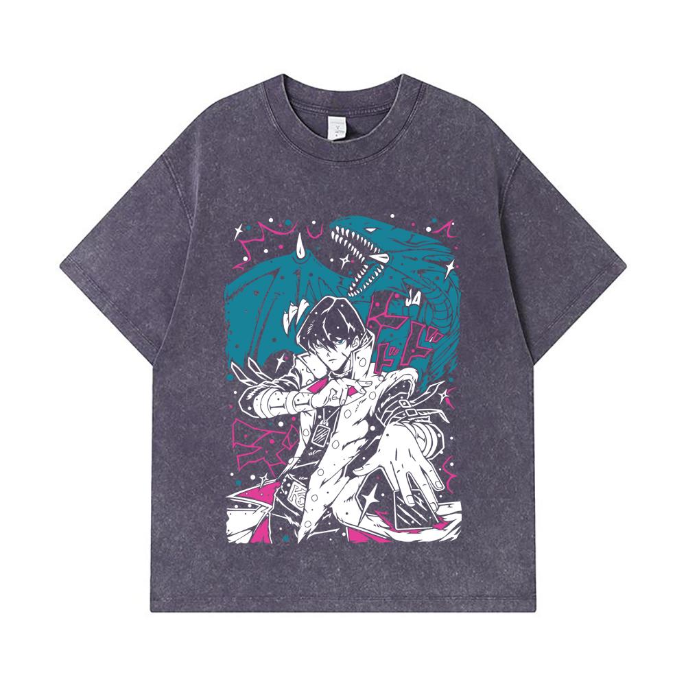 275 GSM Washed T-shirts 100% Cotton Yu-Gi-Oh V7 Seto Kaiba Print Unisex Heavy Cotton T Shirt