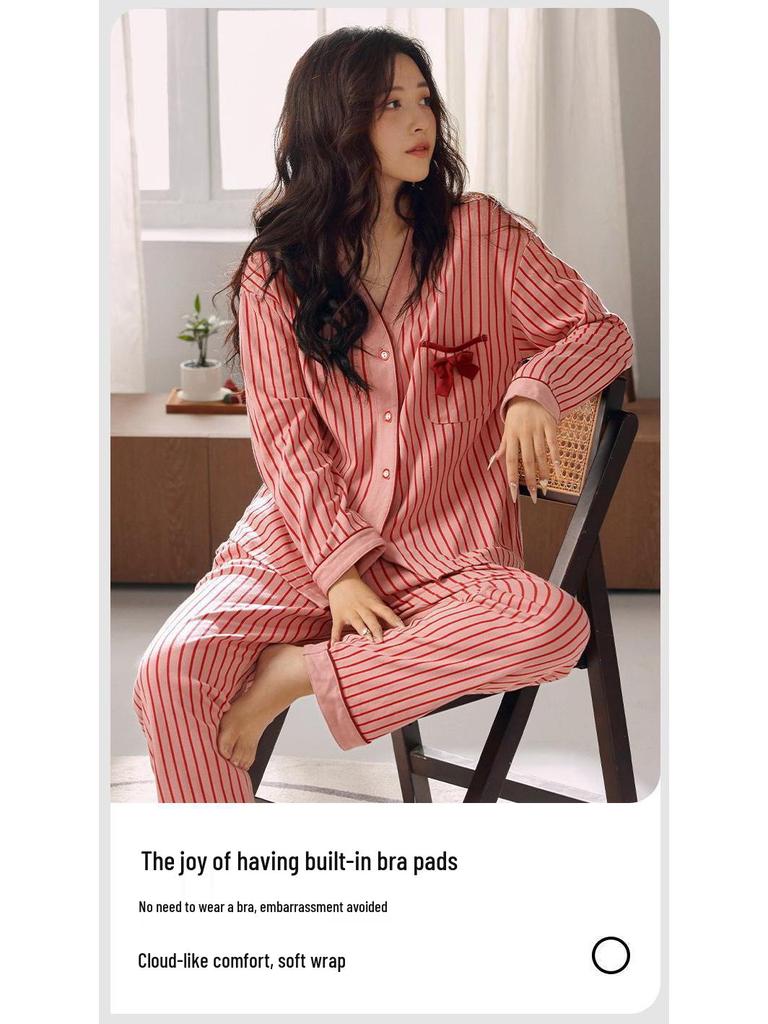 Women's Plus Size Striped Pajama Set with Chest Pads - Long Sleeve & Pants, Korean Style Cardigan for Indoor & Outdoor Wear, Spring/Autumn