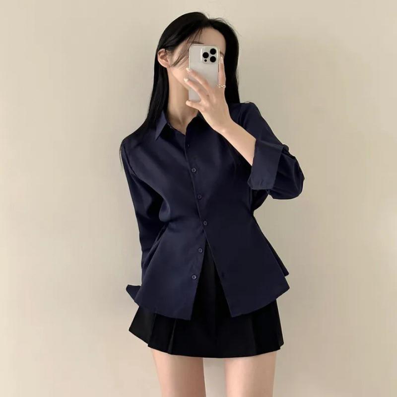 Cămașă minimalistă coreeană cu culoare uni, cu talie legată, pentru slăbit, cu mâneci lungi, pentru femei